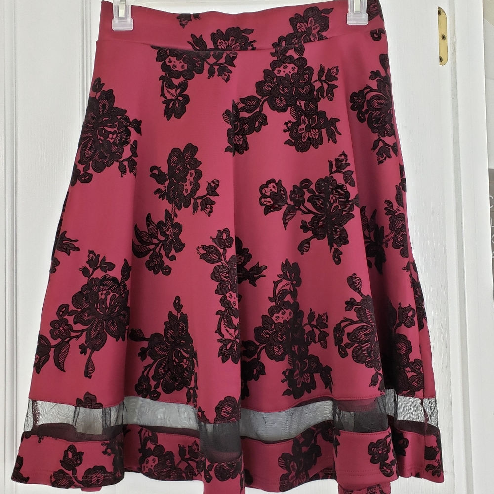 Maroon and black floral a-line skirt